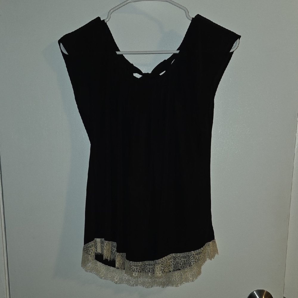 LC Lauren Conrad Black Top with Cream Lace Trim